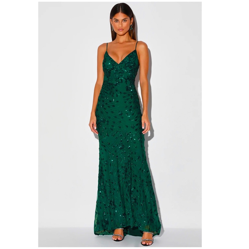 Lulu’s Photo Finish Forest Green Sequin Lace-up Maxi Dress